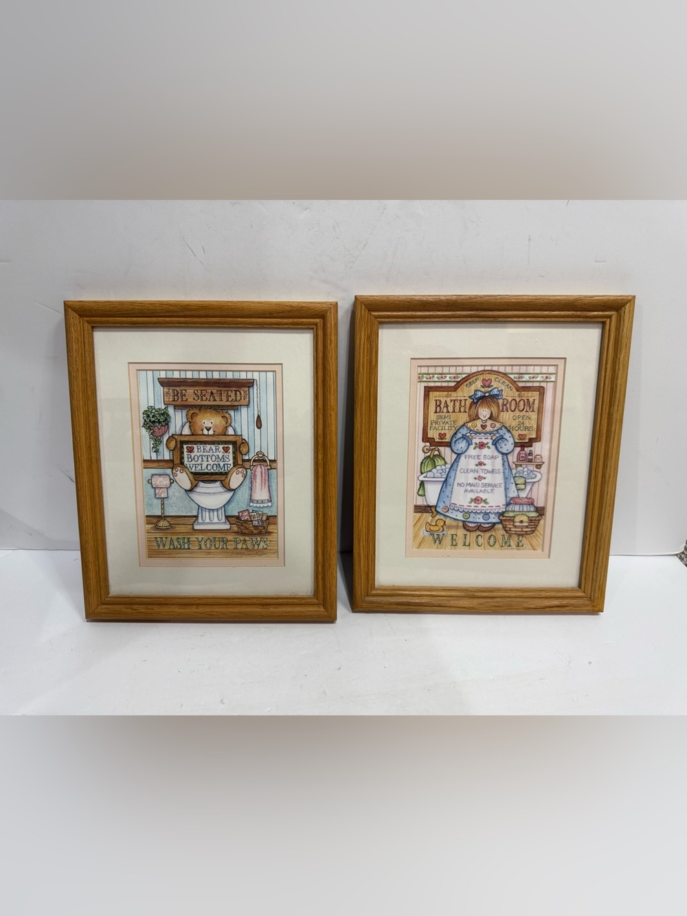Framed Teddy Bear Bathroom Art Pair ("Be Seated" & "Bathroom Welcome")